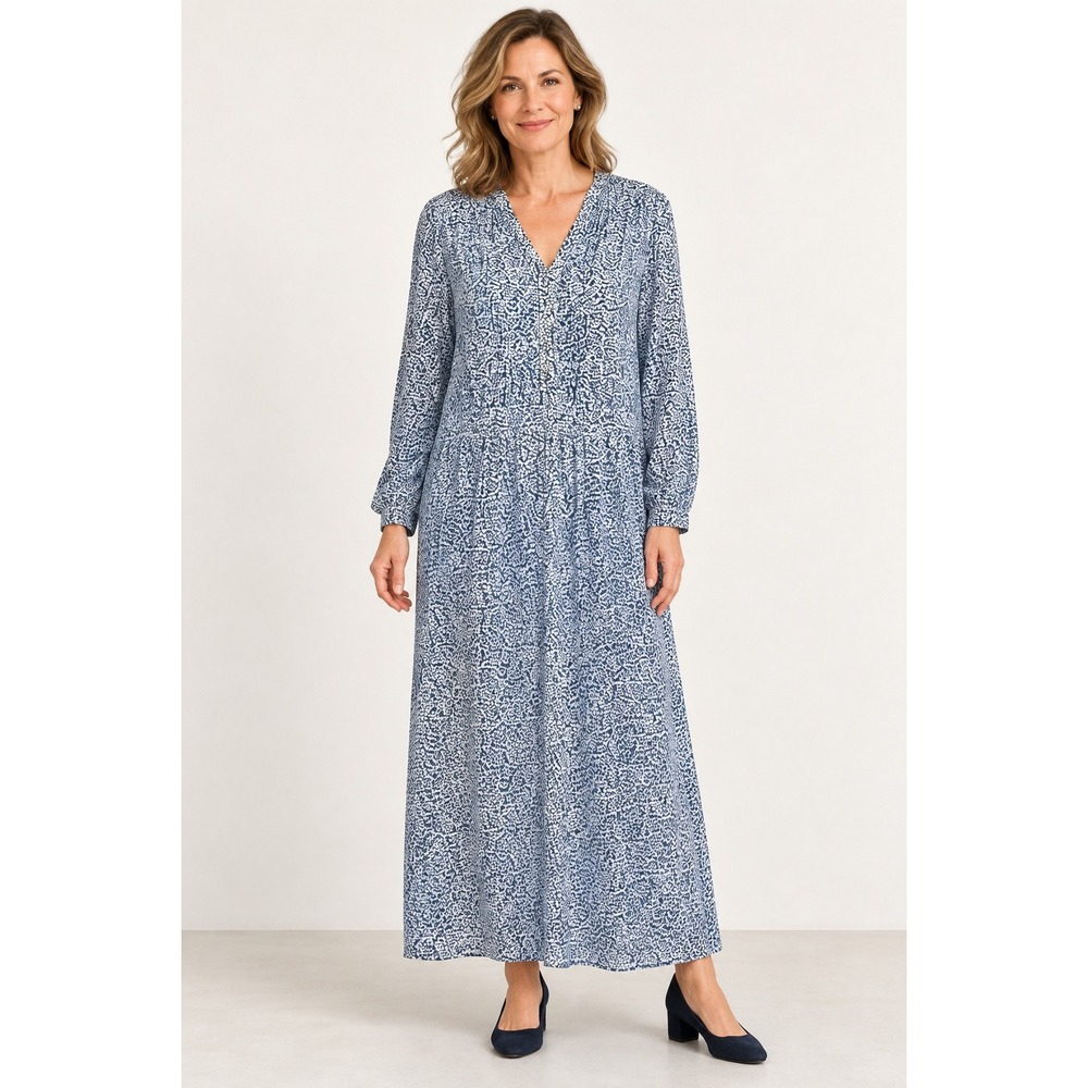 Vintage 70s Serbin by Marianne Maxi Dress Blue White Abstract Print Made in USA